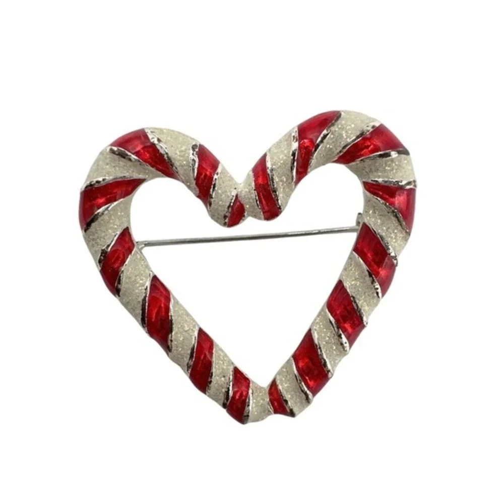 Candy Cane Heart Brooch Red White Glitter Enamel Holiday Pin‎ Silver Tone J-01